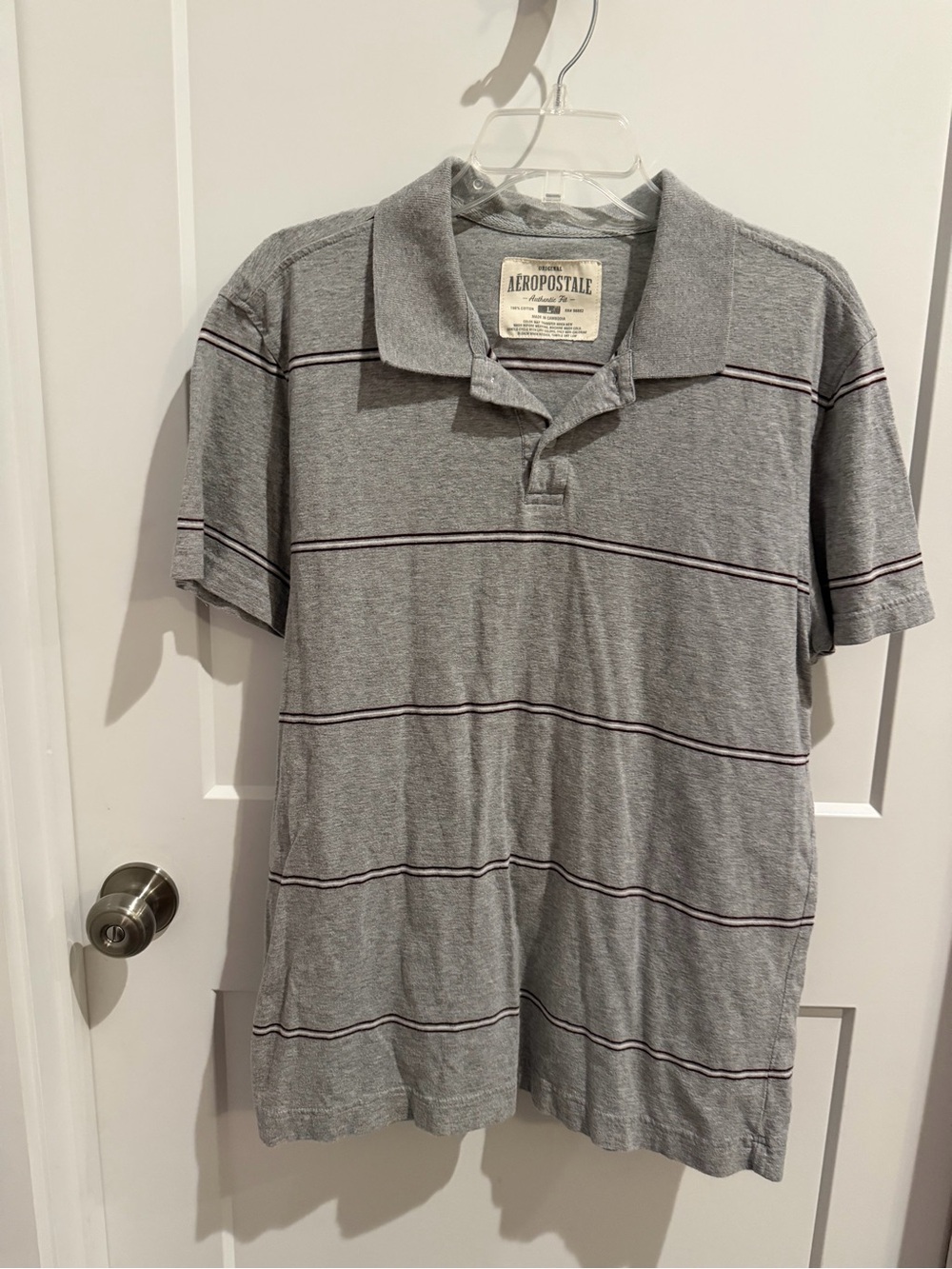 Aeropostale Men's Light Gray Polo with Thin Dark Stripe